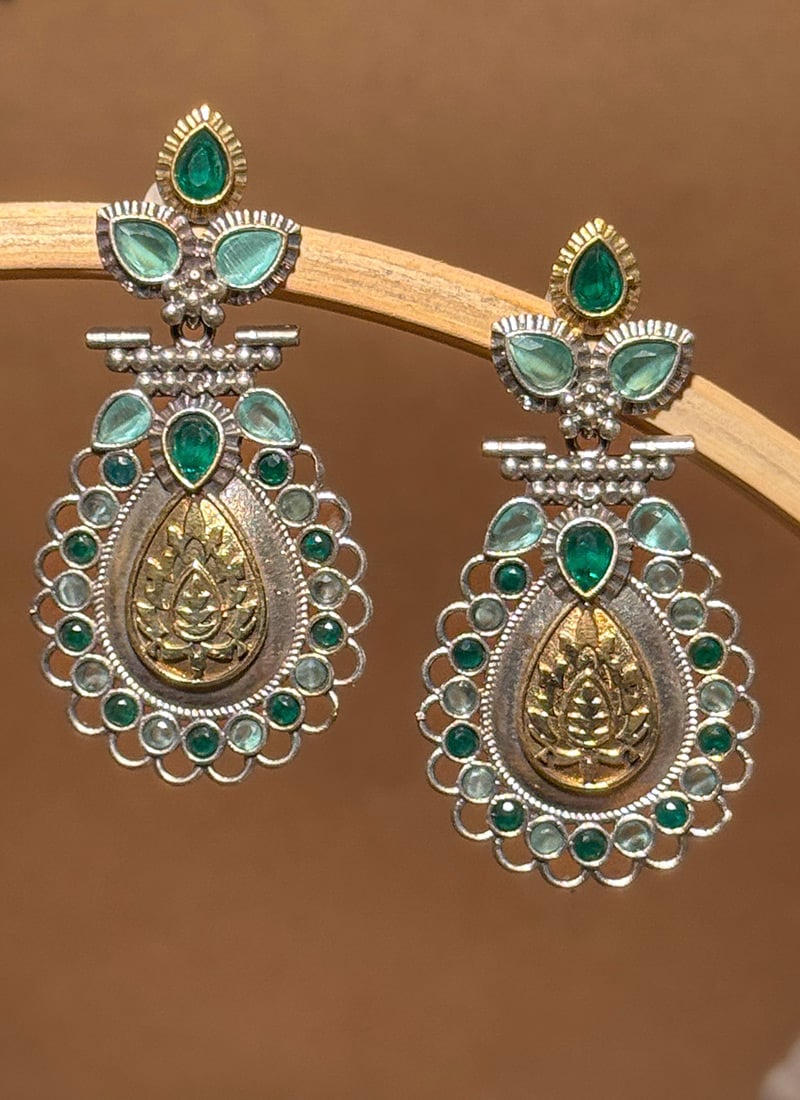 Turquoise Lotus Engraved Kundan Dangler Earrings Festive Wear