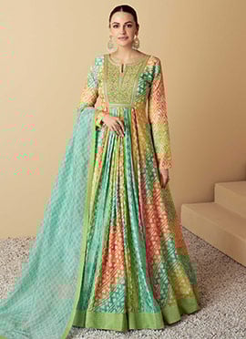 Turquoise Muslin Printed Sequins Beads Work Abaya Style Anarkali Suit