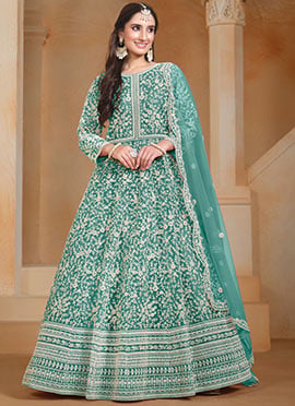 Turquoise Net Embroidered A Line Anarkali Suit