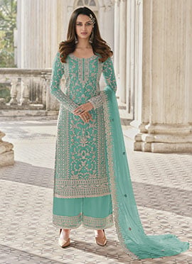 Turquoise Net Embroidered Palazzo Suit