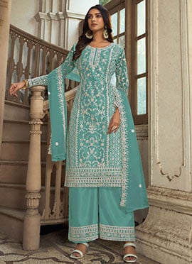 Turquoise Net Embroidered Palazzo Suit