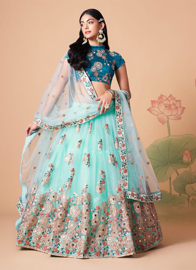 Turquoise Net Embroidered Umbrella Lehenga Party Wear