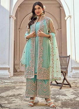 Turquoise Net Embroidery Palazzo Suit