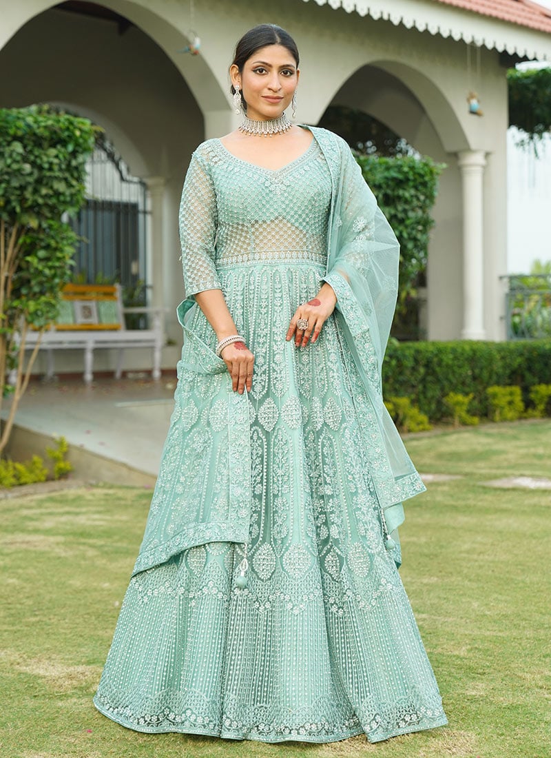 Turquoise Net Zari Embroidered Stone Work Ravishing Anarkali Suit Wedding Wear-SLSCBVF62GN