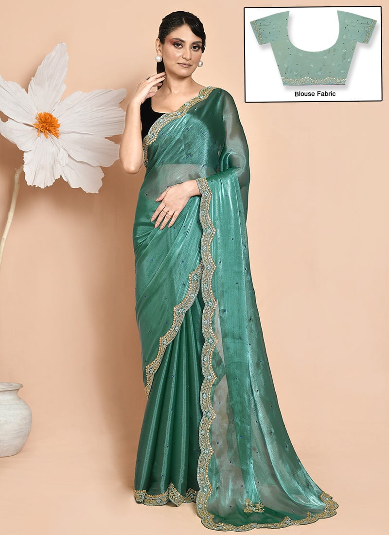 Turquoise Organza Hand Embroidered Saree