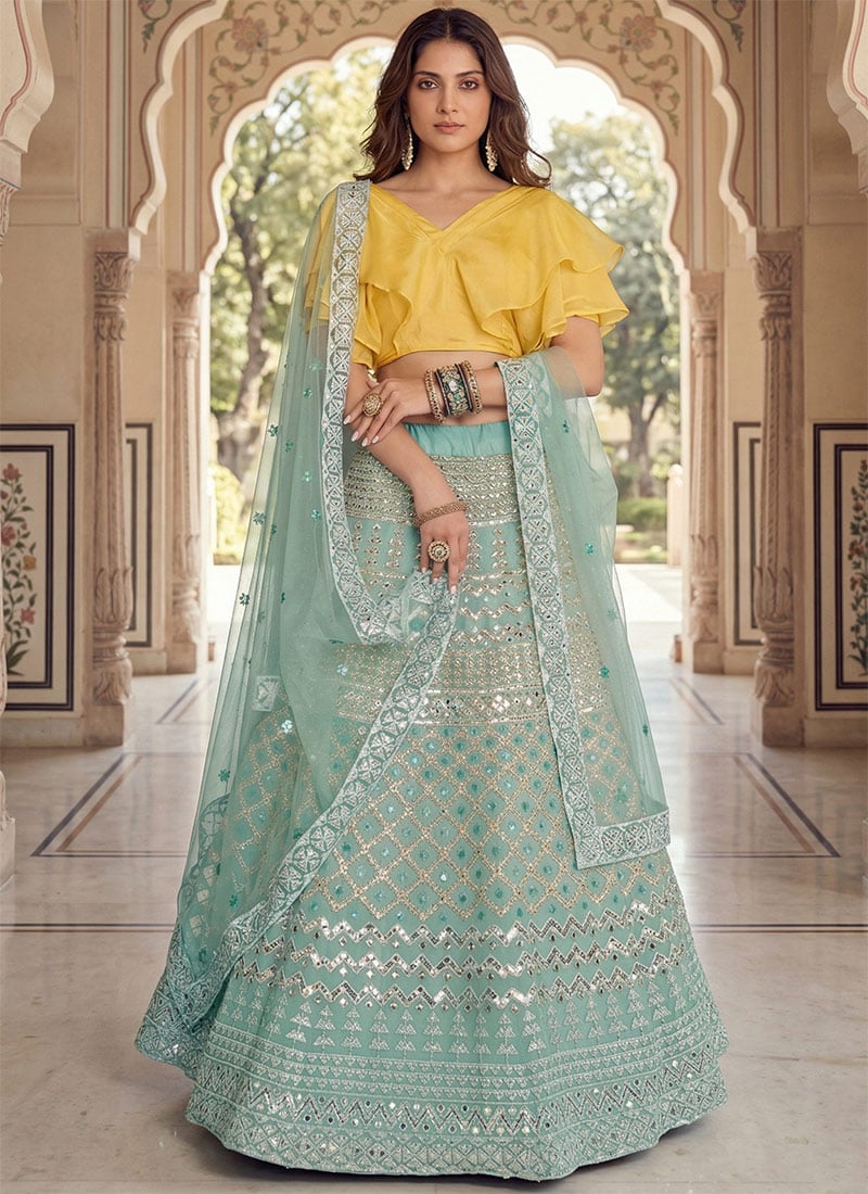 Turquoise Organza Sequins Zari Embroidered Lehenga Wedding Wear