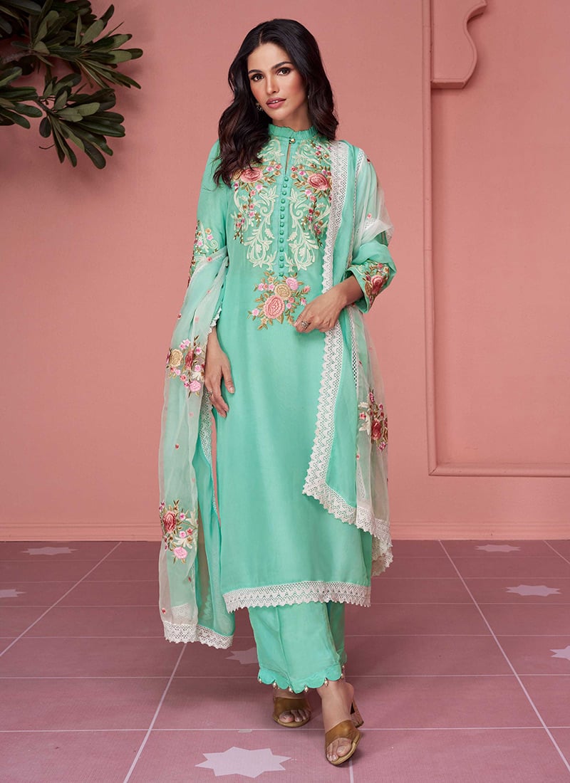 Turquoise Organza Thread Embroidered Straight Pant Suit After Six Wear