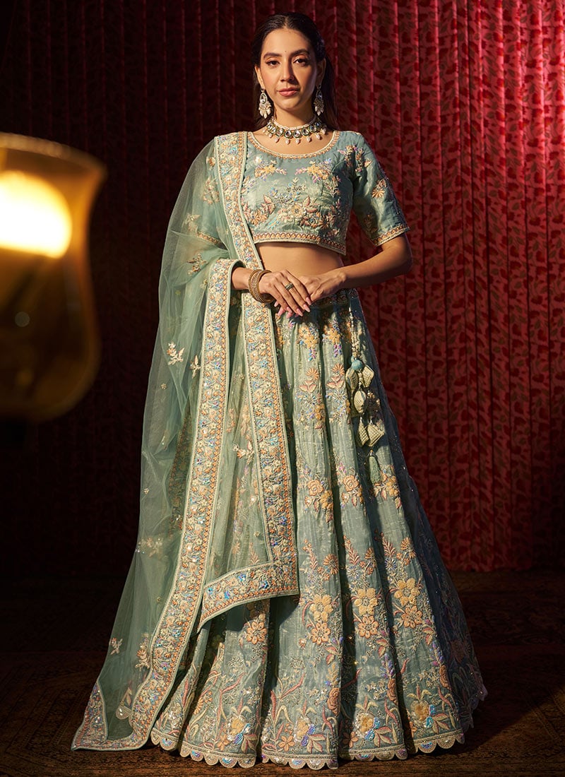 Turquoise Organza Zari And Embroidered Thread Zarkan Dori Hand Work Umbrella Lehenga Wedding Wear