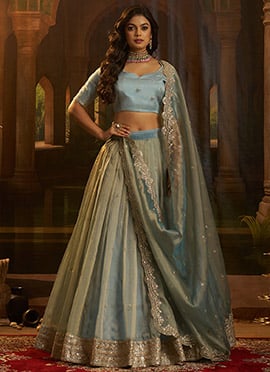 Turquoise Organza Zari Embroidered Sequins Umbrella Lehenga