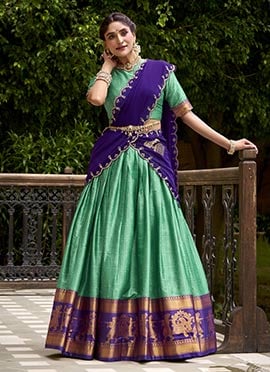 Turquoise Poly Cotton Jacquard Sequin Lehenga