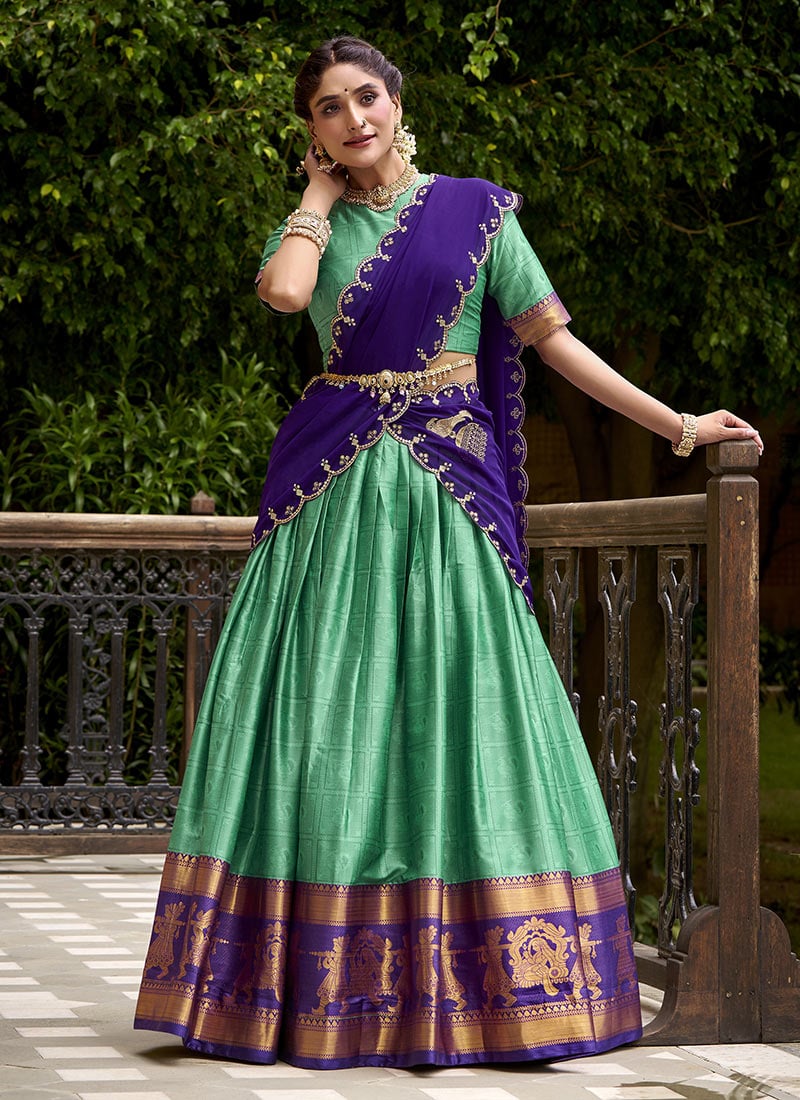 Turquoise Poly Cotton Jacquard Sequin Lehenga Festive Wear