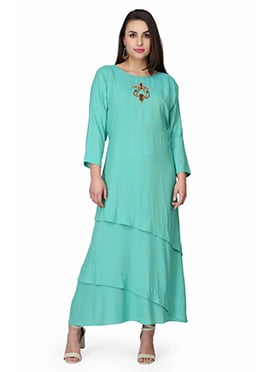 Turquoise Rayon Beads Work Long Kurti