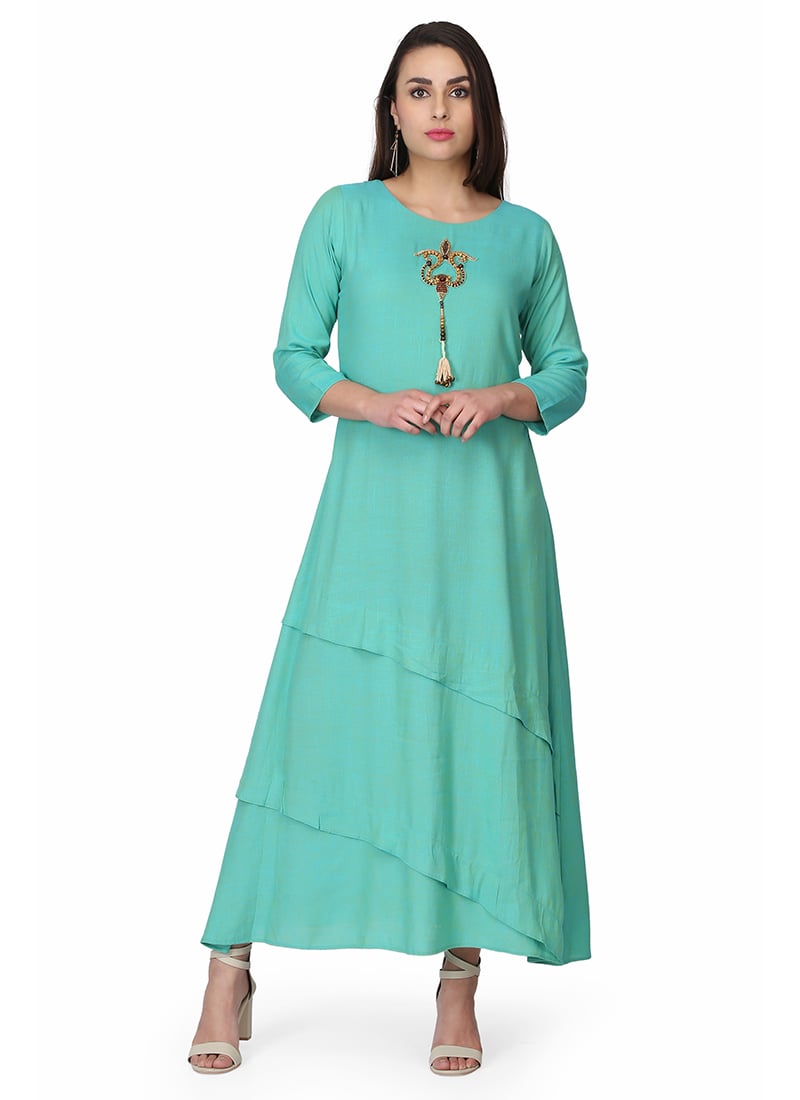 Turquoise Rayon Beads Work Long Kurti Party Wear