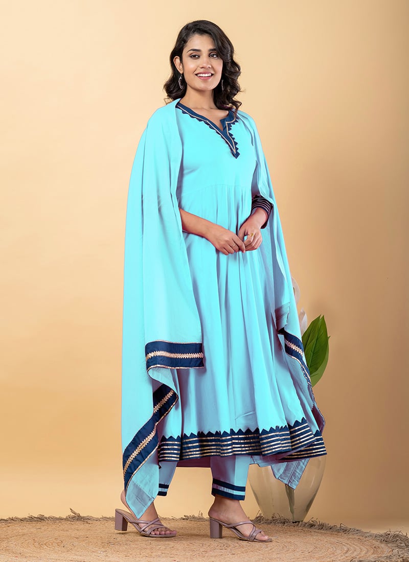 Turquoise Rayon Gota Patti Lace Work Anarkali Suit After Six Wear