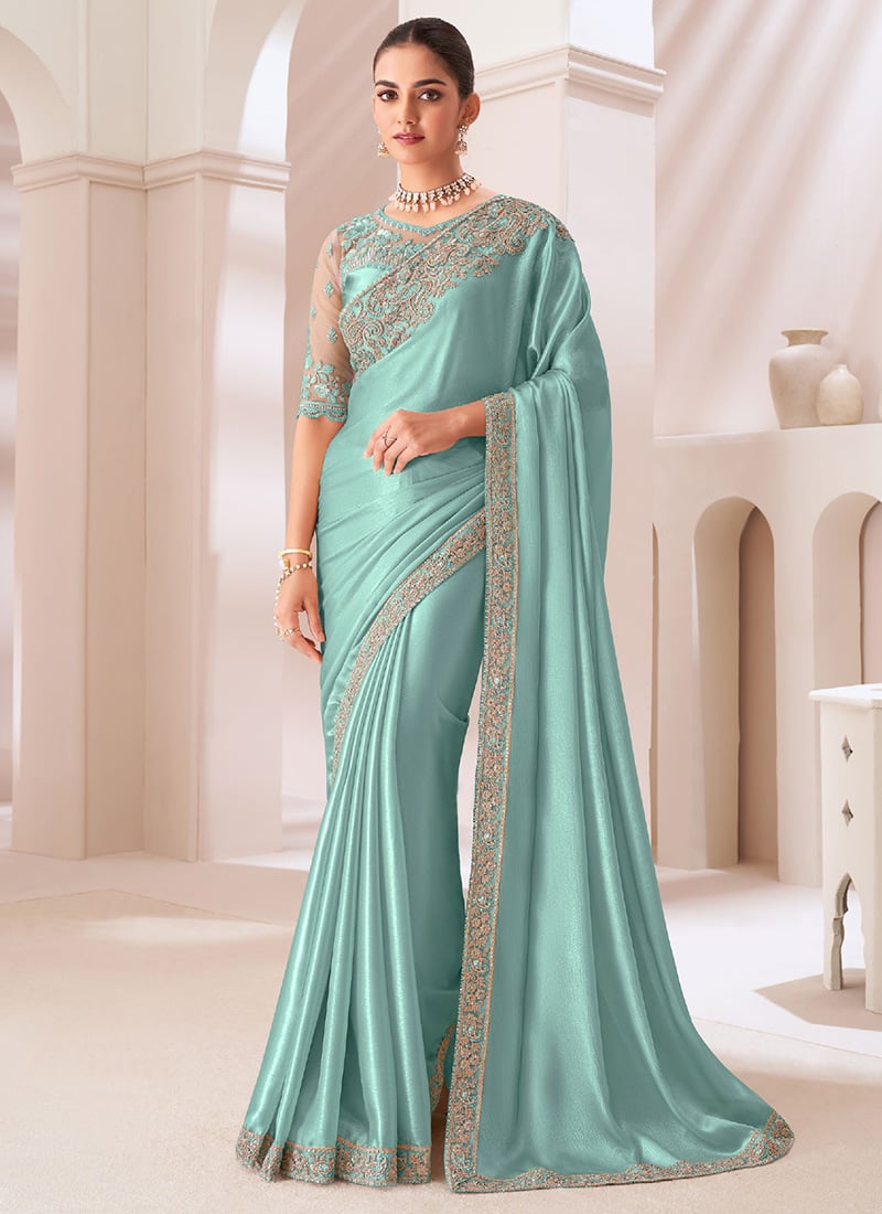 Turquoise Satin Chiffon Embroidered And Sequins Saree Festive Wear