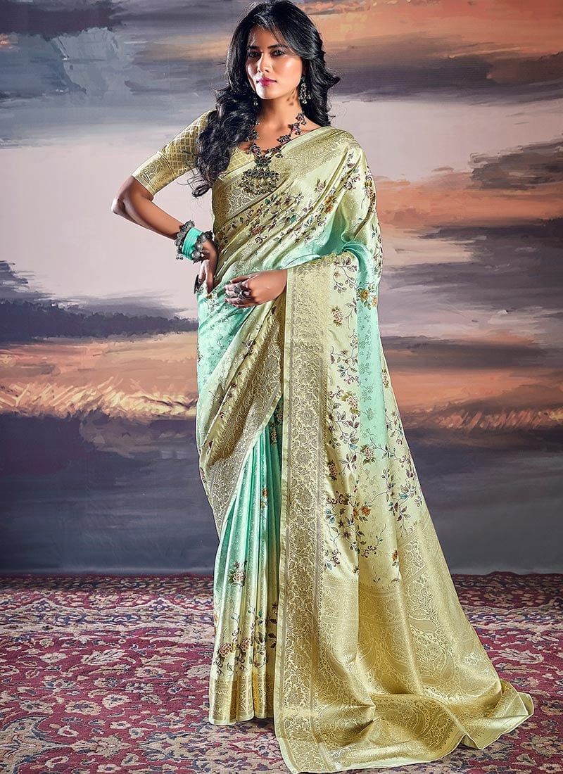 Turquoise Satin Digital Print Jacquard Ravishing Saree Festive Wear