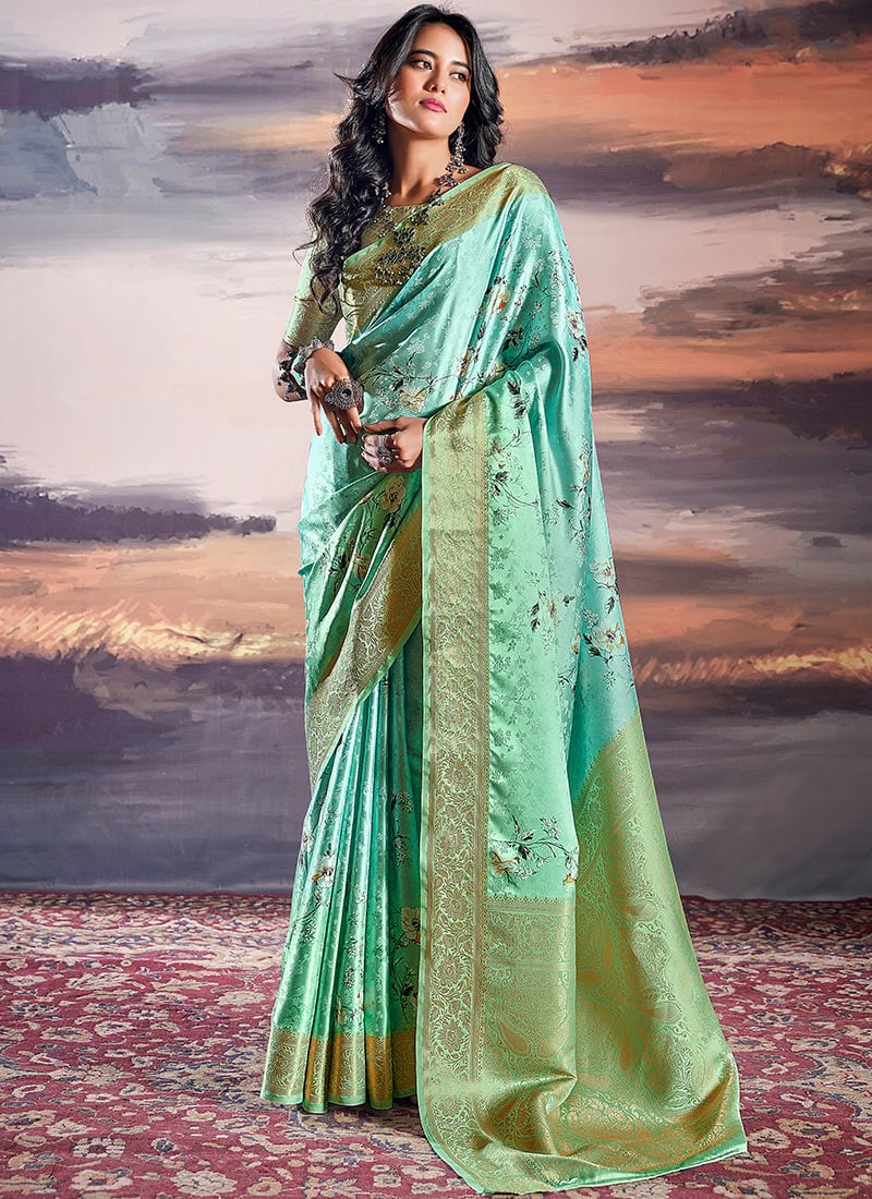 Turquoise Satin Digital Print Jacquard Stunning Saree Festive Wear