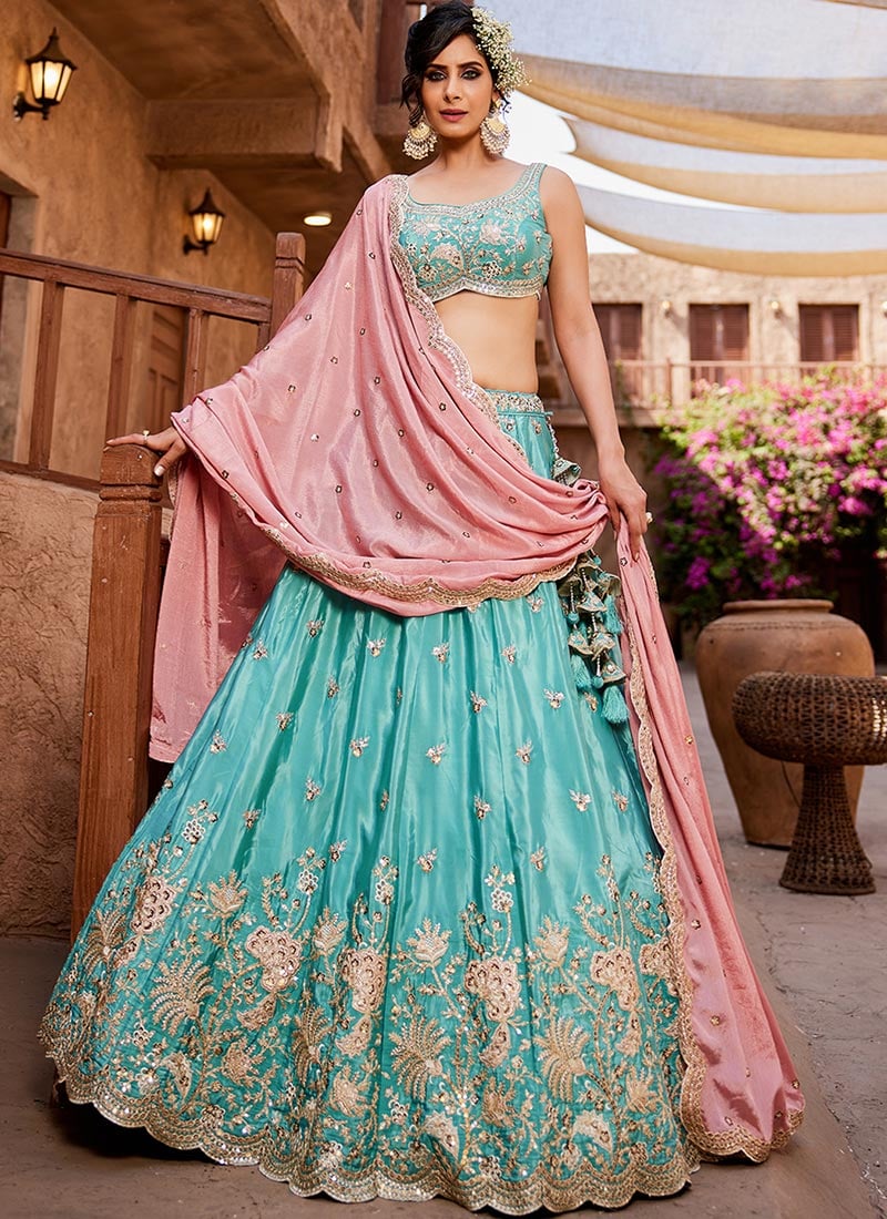 Turquoise Satin Embroidered Sequins Lehenga