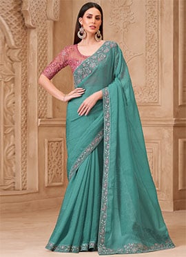 Turquoise Satin Embroidered Sequins Saree