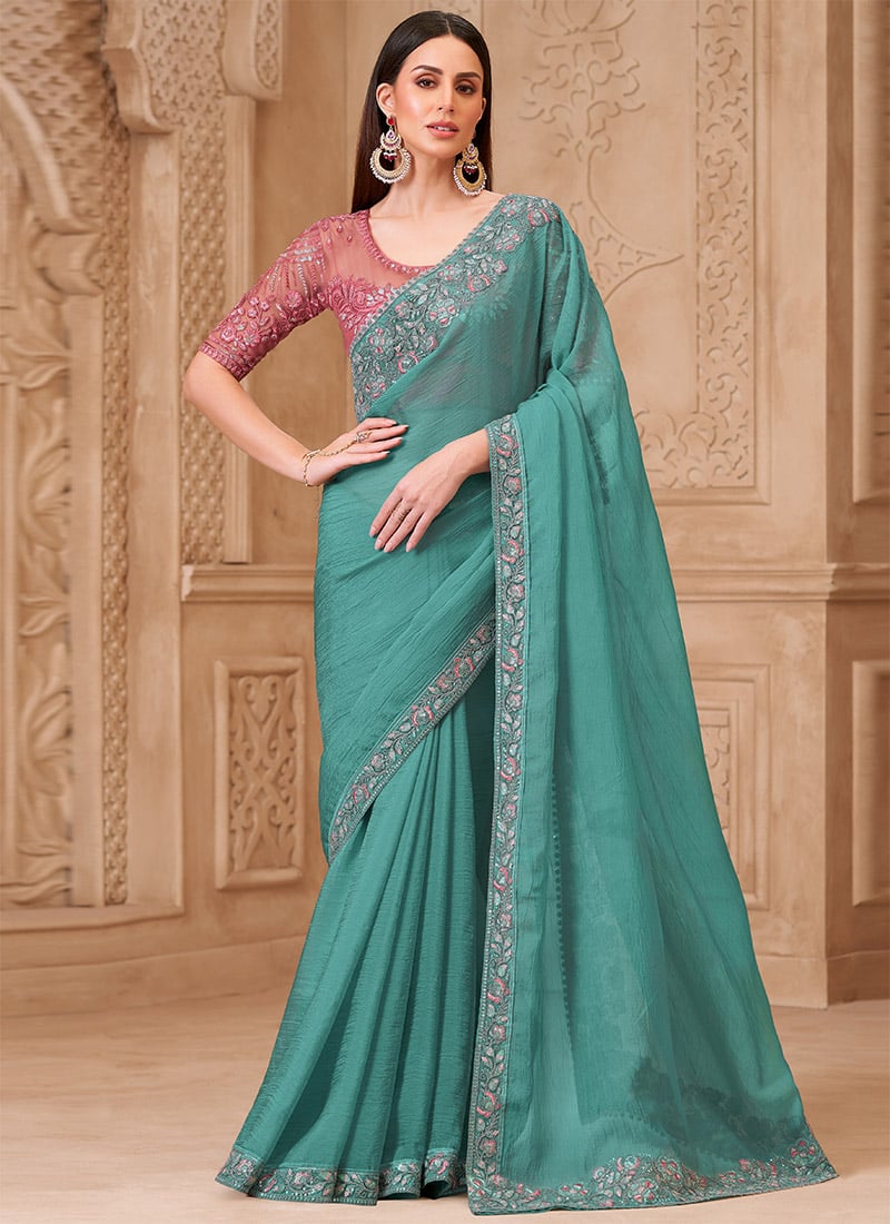 Turquoise Satin Embroidered Sequins Saree Wedding Wear
