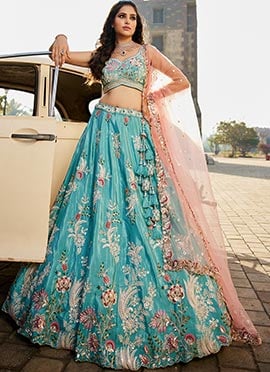 Turquoise Satin Zarkan Embroidered Sequins With Stone And Moti Work Lehenga
