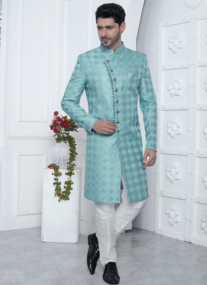 Turquoise Sequins Silk Classic Sherwani  Party Wear