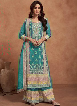 Turquoise Shimmar Silk Embroidered Mirror Work Sequins Pakistani Palazzo Suit