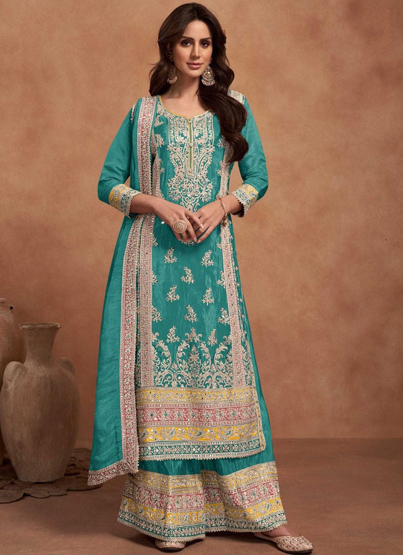 Turquoise Shimmar Silk Embroidered Mirror Work Sequins Pakistani Palazzo Suit Festive Wear