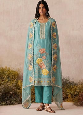 Turquoise Shimmer Silk Embroidered Sequins Straight Pant Suit
