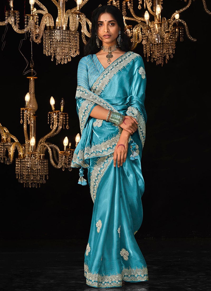 Turquoise Silk Border Saree Embossed With Embroidery And Sequins Party Wear
