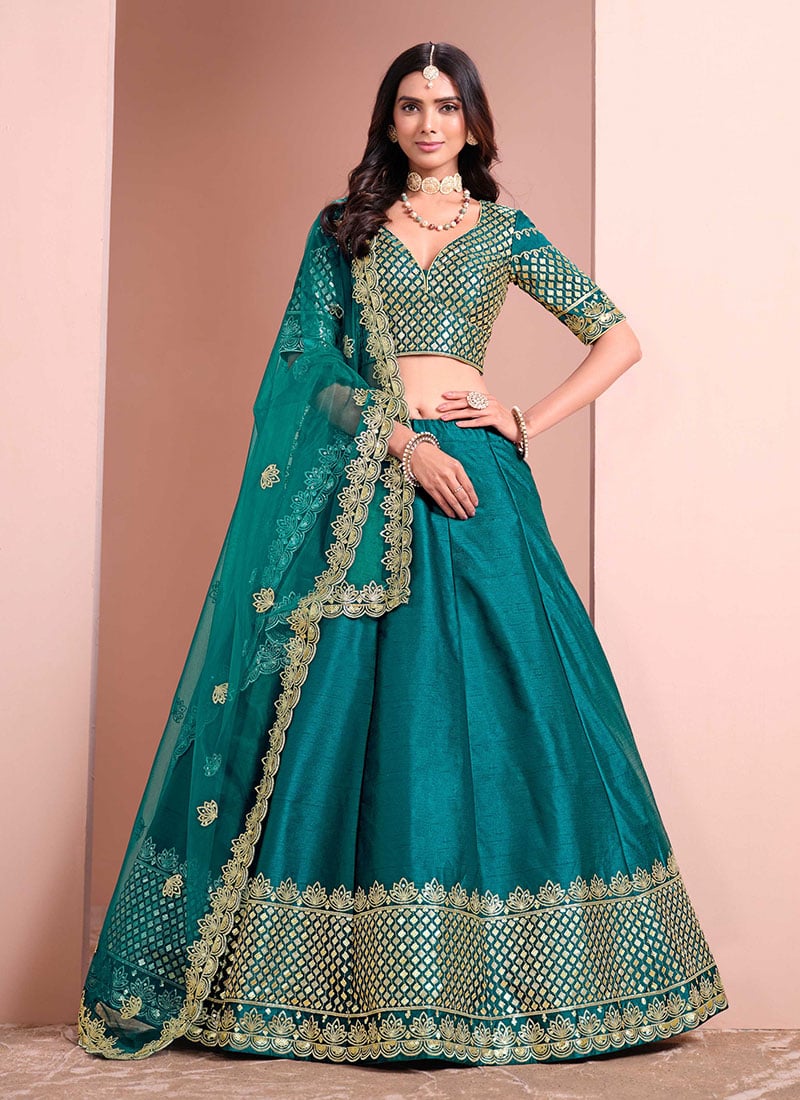 Rama Green Silk Embroidered Sequins Dazzling Lehenga Wedding Wear