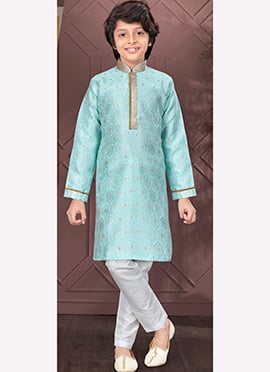 Turquoise Silk Jacquard Embroidered Kids Boys Kurta Pyjama