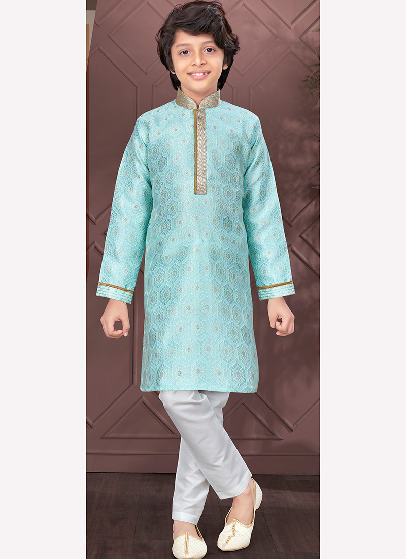 Turquoise Silk Jacquard Embroidered Kids Boys Kurta Pyjama Festive Wear