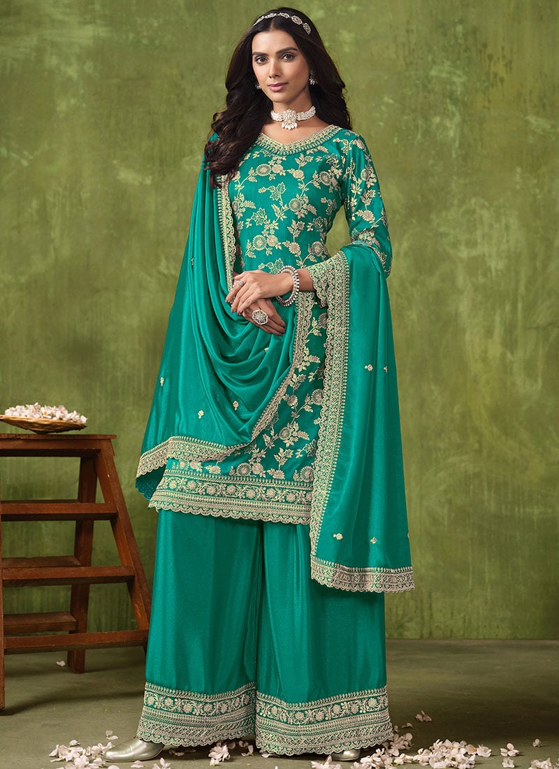 Turquoise Silk Jacquard Embroidered Palazzo Suit For Ravishung Women Wedding Wear