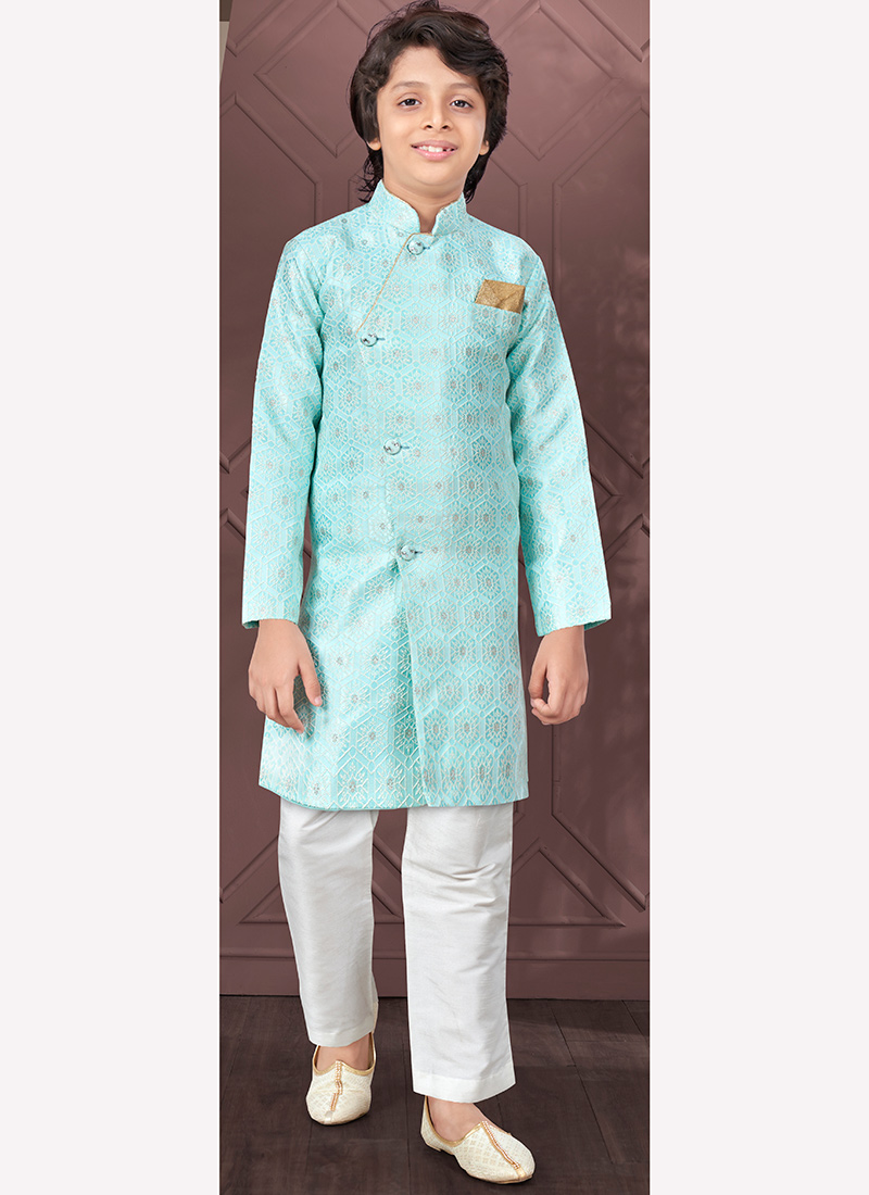 Turquoise Silk Jacquard Kurta Pyjama For Young Kids Boys Party Wear