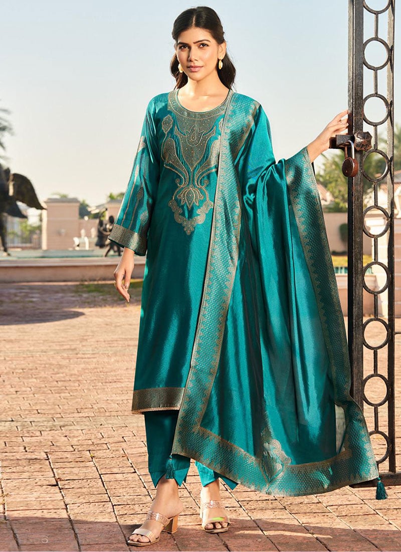 Turquoise Silk Jacquard Straight Pant Suit Festive Wear