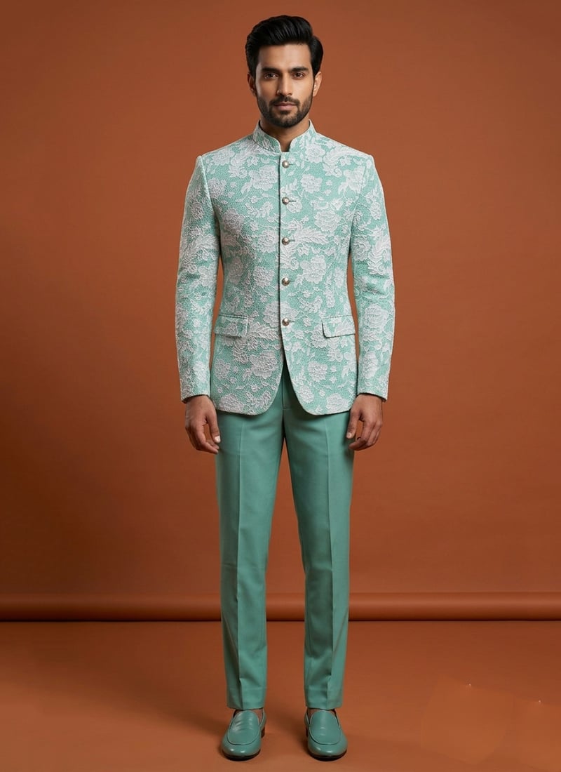 Turquoise Silk Jacquard Thread Bandhgala Suit For Men Wedding Wear