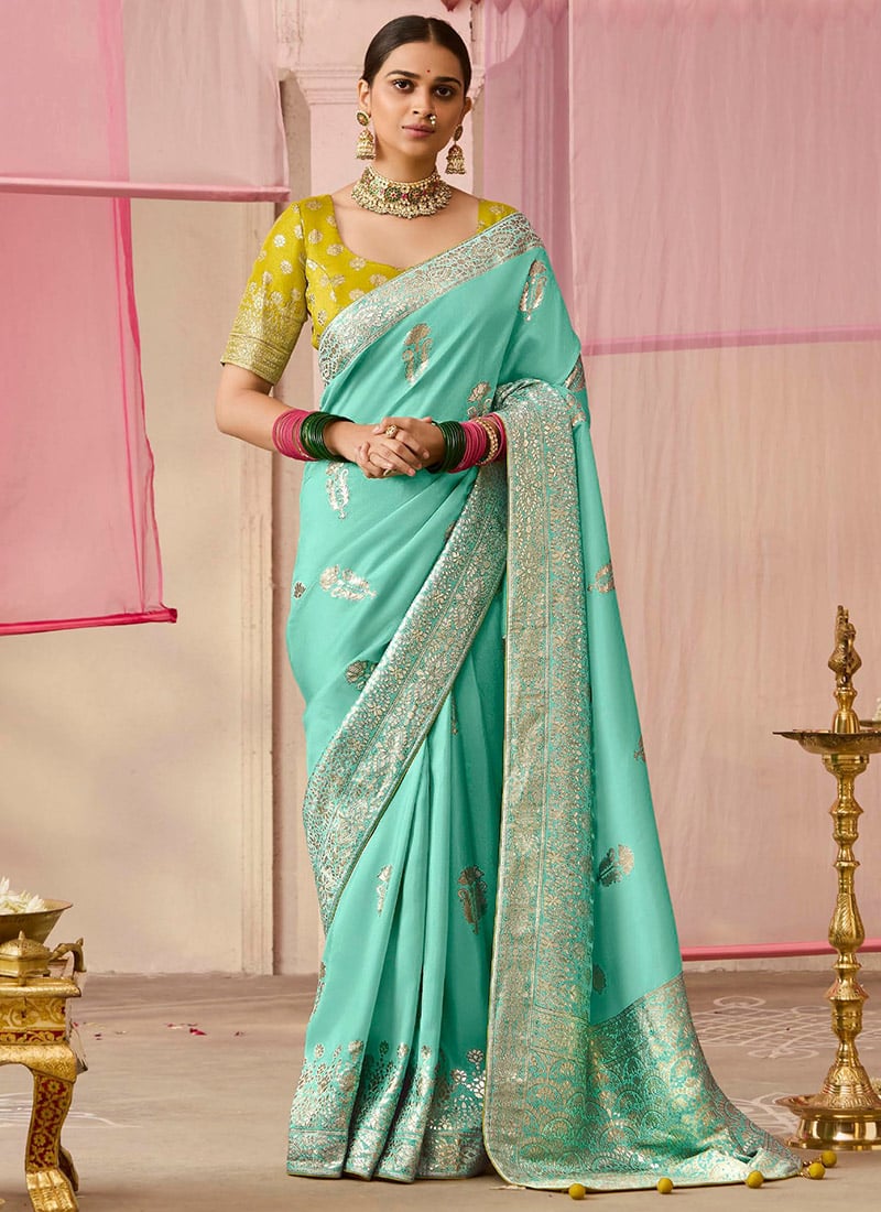 Turquoise Silk Jacquard Woven Saree Festive Wear