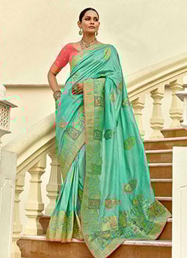 Turquoise Silk Jacquard Zari Embroidered Beads Saree