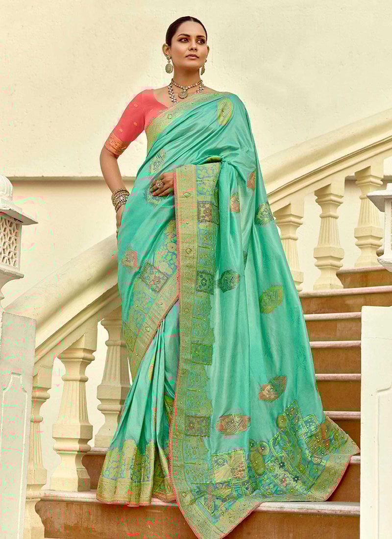 Turquoise Silk Jacquard Zari Embroidered Beads Saree Wedding Wear