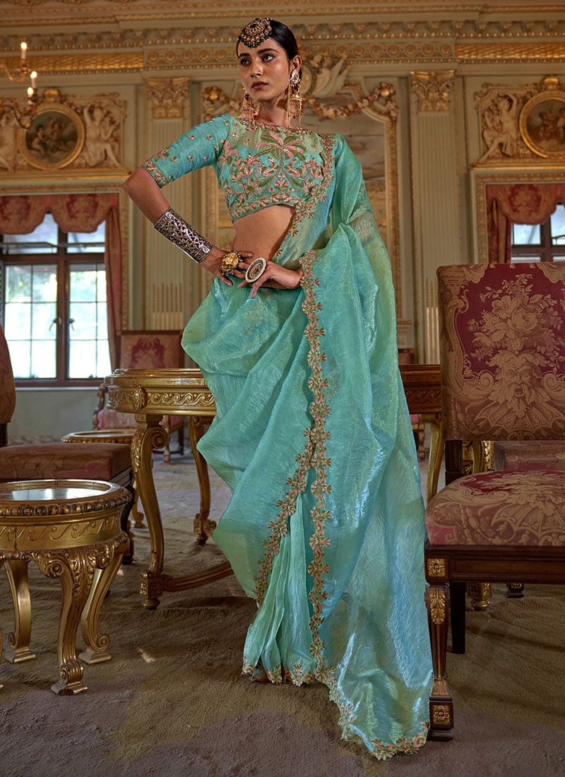 Turquoise Soft Tissue Silk Zari Embroidered Saree Festive Wear