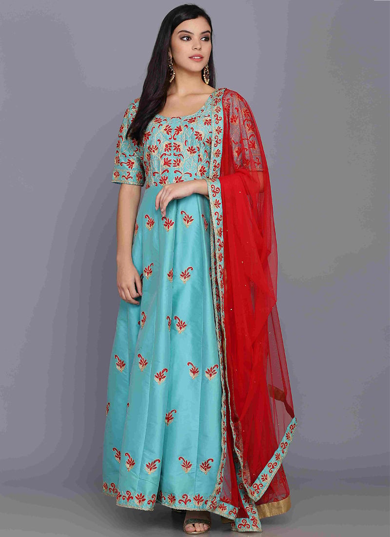 Turquoise Taffeta Anarkali Suit Party Wear