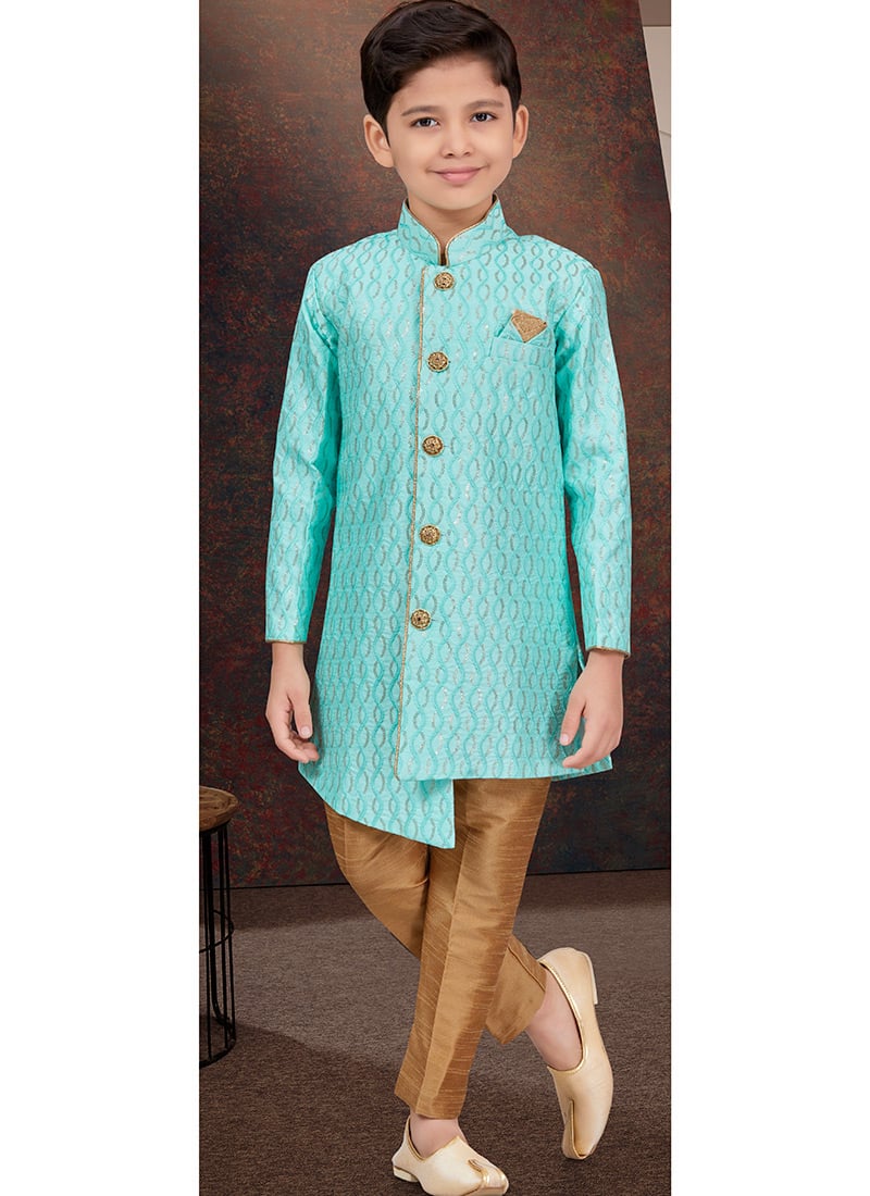 Turquoise Thread Sequins Kids Boys Indowestern Sherwani Wedding Wear