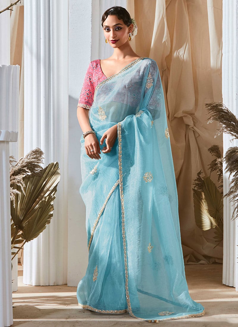 Turquoise Tissue Embroidered Sequins Saree With Digital Print Blouse Festive Wear