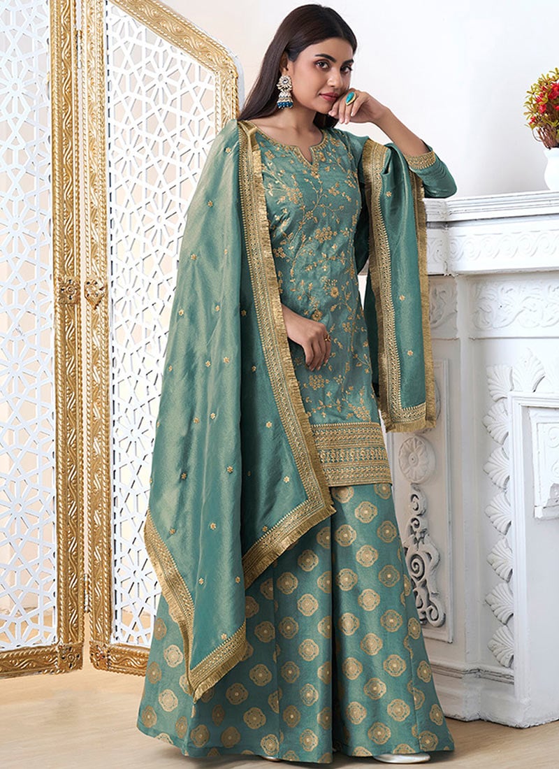 Turquoise Tissue Gold Pitta Work Palazzo Suit Festive Wear