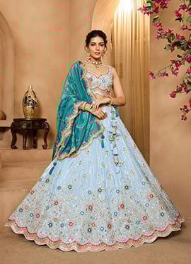 Turquoise Tissue Sequins Stones Beads Embroidered Cut Work Umbrella Lehenga Wedding Wear
