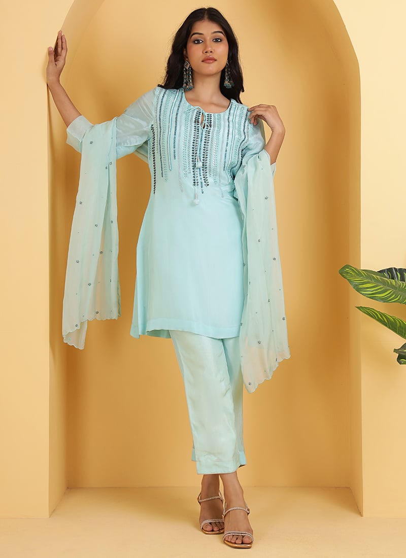 Turquoise Upada Silk Hand Embroidered Straight Pant Suit Festive Wear