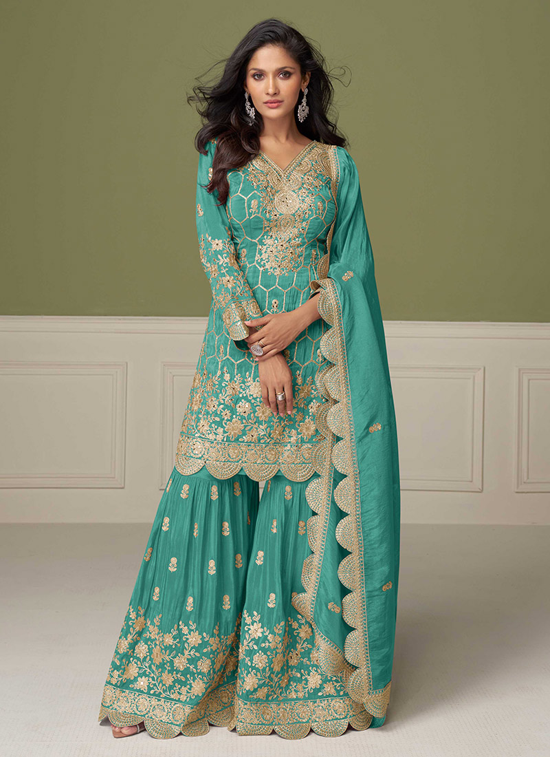 Turquoise Zari Embroidered And Sequins Sharara Suit Festive Wear