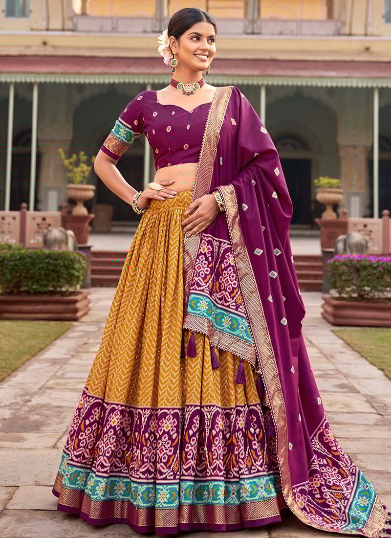 Tussar Silk Patola Mustard Umbrella Lehenga Festive Wear