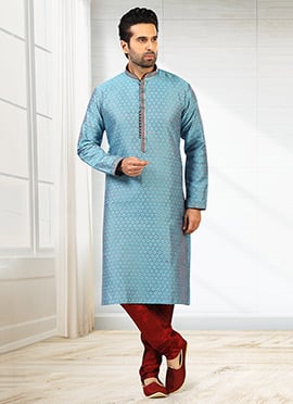 Two Tone Blue N Maroon Jacquard Silk Pintux Kurta Pyjama